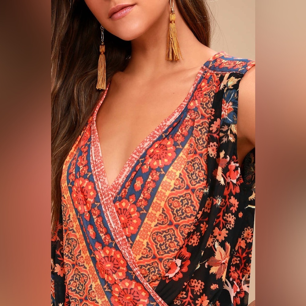 Free People Havana Floral Print Sleeveless Surplice Mesh Top Black/Orange M - Picture 3 of 14